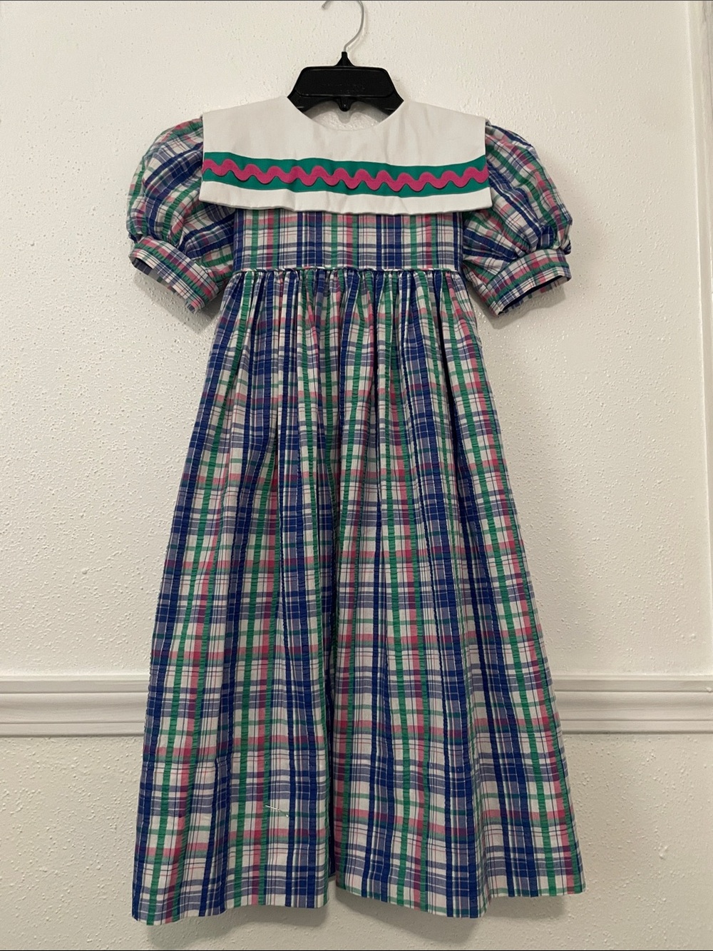 Girls' Plaid Sailor-Style Dress in Blue, Green & Pink